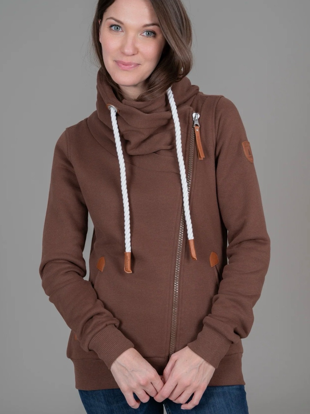 Wanakome Brown Funnel Neck Hoodie Sweater with White Drawstrings